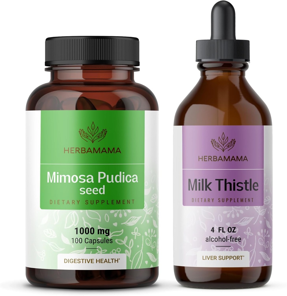 HERBAMAMA Mimosa Pudica ja Milk Thistle Kit - 1 000 mg Mimosa Pudica kapselit & Maito Thistle Tincture 4 fl oz - Vegaani, ei-GMO, sokeri ja alkoholiton - 2 pakkaus