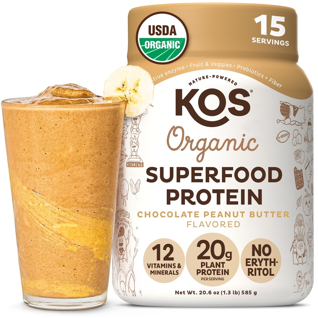 KOS Organic Plant Based Protein Powder, Chocolate Peanut Butter - Delicious Vegan Protein Powder - Keto Friendly, Gluteeniton, Dairy Free & Soy Free - 15 tarjoilua