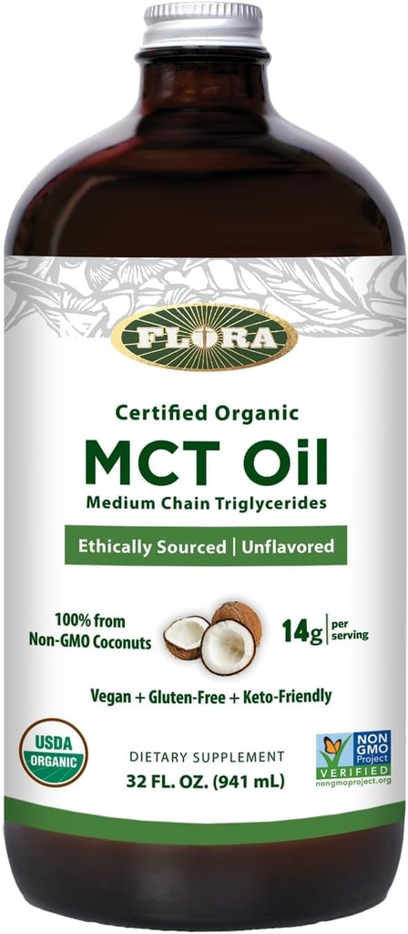 Flora - MCT Oil Certified Organic - Tukee lihasenergiaa ja aivojen terveyttä - sisältää C8 Caprylic Acid & C10 Capric Acid - Ei-GMO, Gluteeniton, Vegan & Keto-Friendly - 32 fl. oz. Lasipullo
