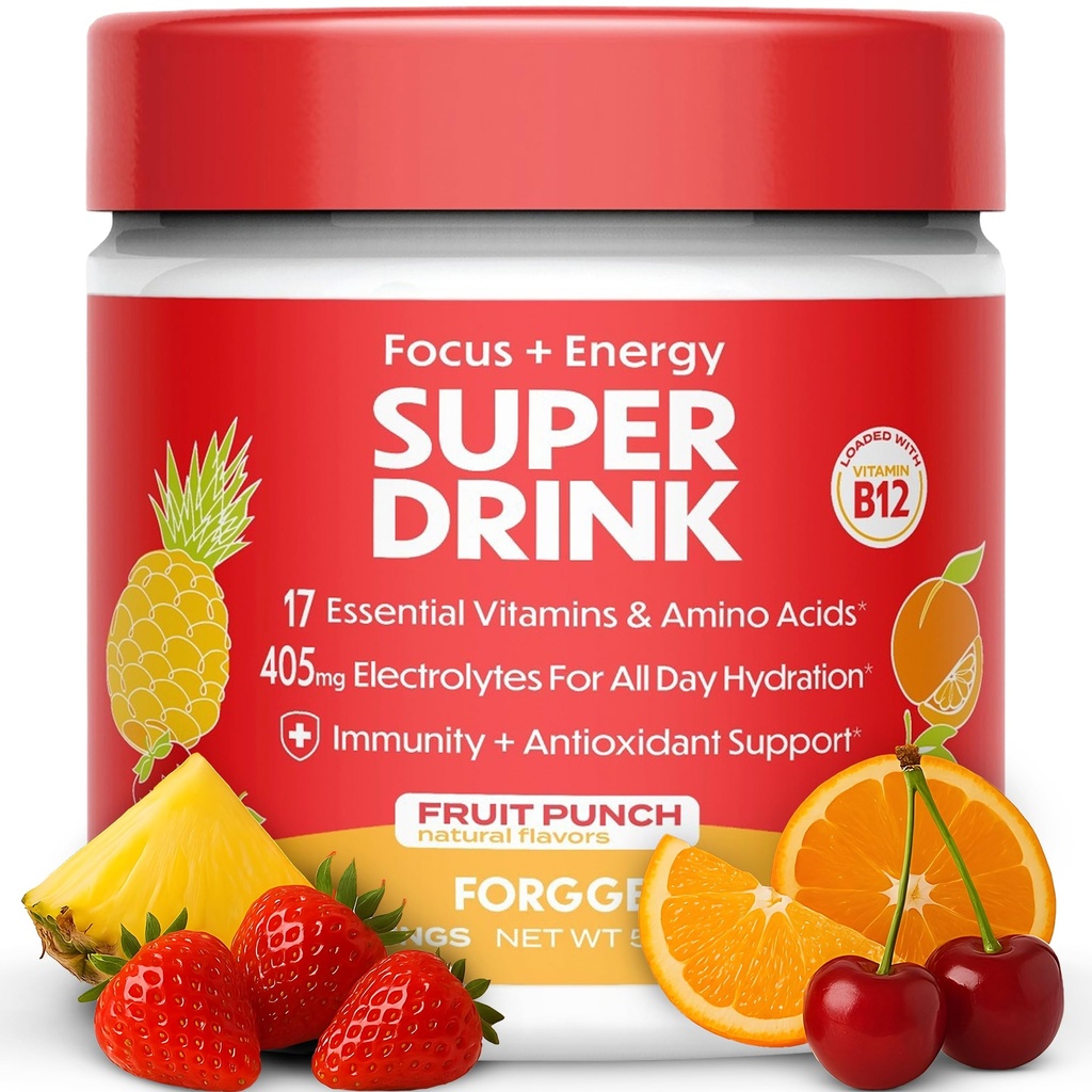 Forgge Terveellinen Energy Drink Powder Mix - Clean Cofeine + B12, B6, C & D-vitamiinit - Sokeriton energiajuomajauhe, jossa on elektrolyyttejä, Aminohappoja, antioksidantteja, Lions Mane - Vegan, Keto-Friendly - 30 SVG, Fruit Punch