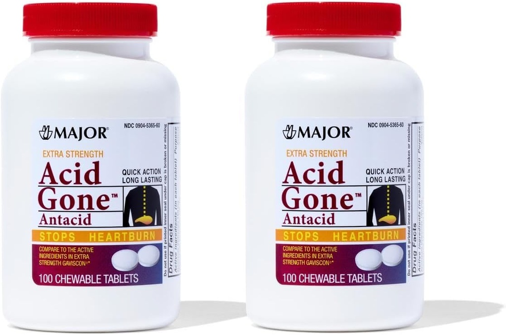 Major Acid Gone Extra Strength Antacid Chewable Tablets - Anti-Acid Relief - Acid Reflux Medicine for Adults - Upset Stomach, Acid Indigestion och Heartburn Relief - Long-Lasting - 100-Count (2 Pack)