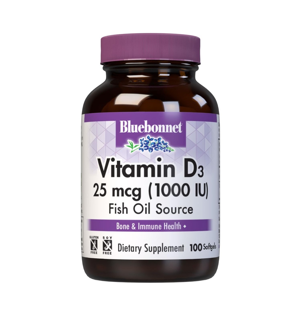 Bluebonnet Nutrition D3 1000 IU Softgels, Aids in Muscle and Skeletal Growth, Kolekalsiferoli Fish Oil, Non GMO, Gluteeniton, soijaton, Dairy Free, 100 Softgels