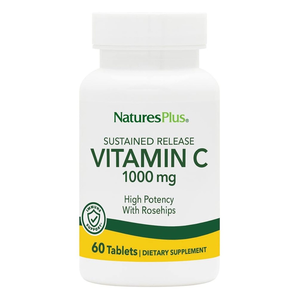 NaturesPlus kestävä Julkaisu 1000 mg C-vitamiini - 60 tablettia - Rose Lanteet - Kasvisruokaa, Gluteeniton - 60 tarjoilua