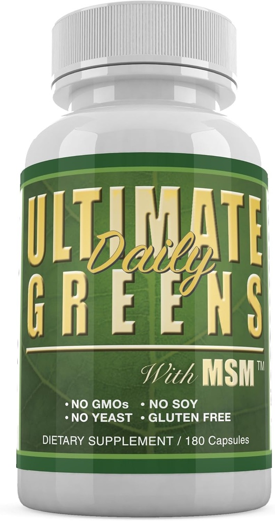 Daily Health, Ultimate Greens MSM 1925mg Vegan Friendly Natural Ingredients Superfood Vihannesten ravitsemus Alkalizing Immuuni Energia Tuki Supplement 180 kapselia (1 kuukausi tarjonta)