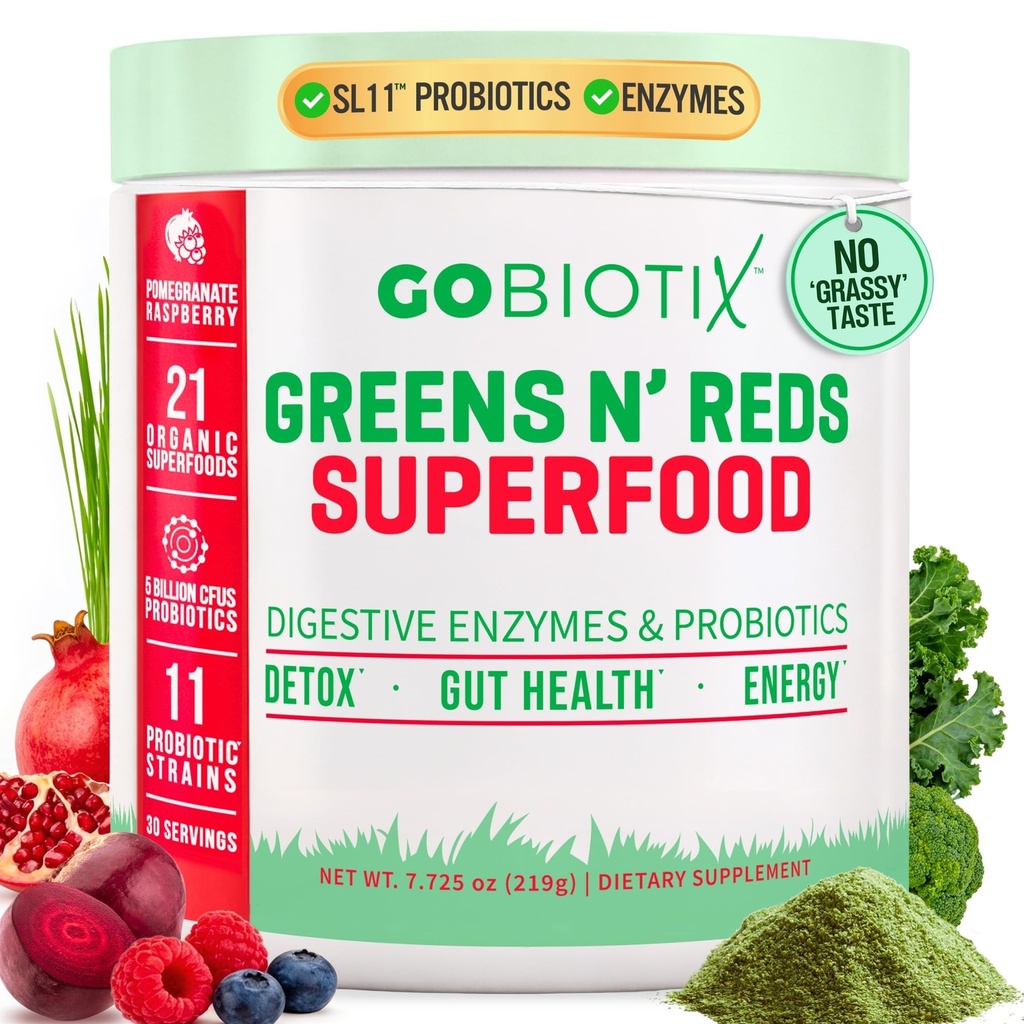 GOBIOTIX Super Greens ja Reds Powder - punainen ja vihreä Superfood - Probiootti Supplement - Dgestive Enzymes ja Beet Root Powder - Organic Whole Foods Ravintolisä (Pom Raspberry, 1 Pack)
