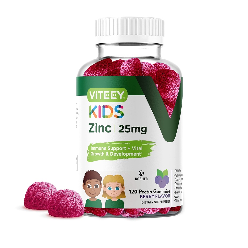 Vitey Sinkki lapsille Gummies, 25mg - Immuuneja tukea lapsille & Teini - Tehokas luonnollinen antioksidantti, lapset Sinkki vitamiini täydentää - Vegaani, Liivate, Gluteeniton - Tasty Chewable Berry Flavor Gummy