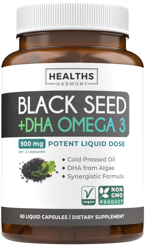 Kylmäpaineinen musta siemen öljy kapselit - Vegaani ei-GMO Nigella Sativa Musta siemen öljy täydentää Omega 3 DHA koko kehon hyvinvointi & aivojen tuki - Vegaani Omega 3 & Thymokinone-Rich (1 kuukausi)