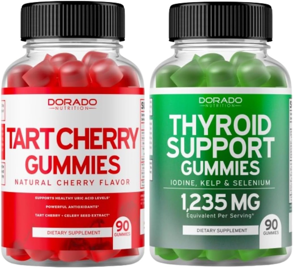 Tart Cherry (90 Gummies) Uric Acid Level Support för vuxna - Kraftfull antioxidant med Celery Seed och Thyroid Support (90 Gummies) Ashwaganda & Bladderwrack Support Supplement - Vegan & Made i USA