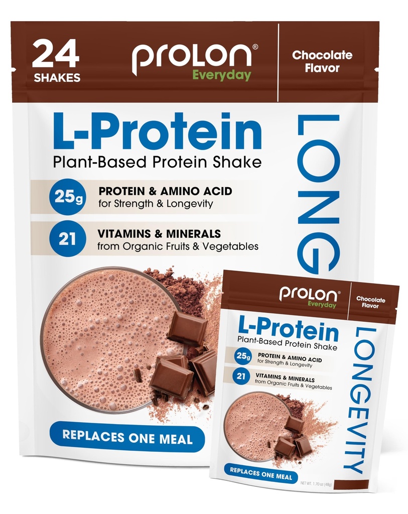 Prolon Longevity Plant Based Protein Powder | Muscle Synthesis & Repair, Hälsosam åldrande, Boost Performance | Vitaminer, Gluten Fri, Aminosyror, Antioxidanter | 25g Protein | Choklad, 24 Packets