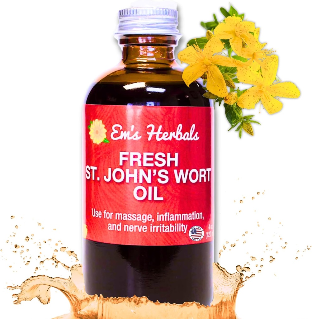 Em's Herbals Fresh St. John's Wort Oil - Wild Harvested i USA, Natural Solution for Nerve Discomfort, Skin Eruptions, Wound Care, Scar och Stretch Marks - Skin, Face, Body, Hair, Massage Oil (4 Oz)
