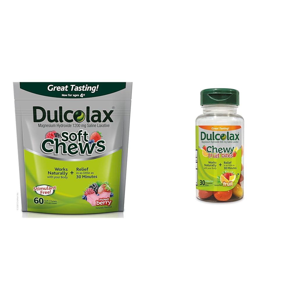 Dulcolax Soft Chews Saline Laxative Mixed Berry (60ct) Lievä Ummetus Helpotus, magnesiumhydroksidi 1200 mg & purut, suolainen laksatiivi, valikoidut hedelmät (30ct) Kramppivapaa ummetus Relief