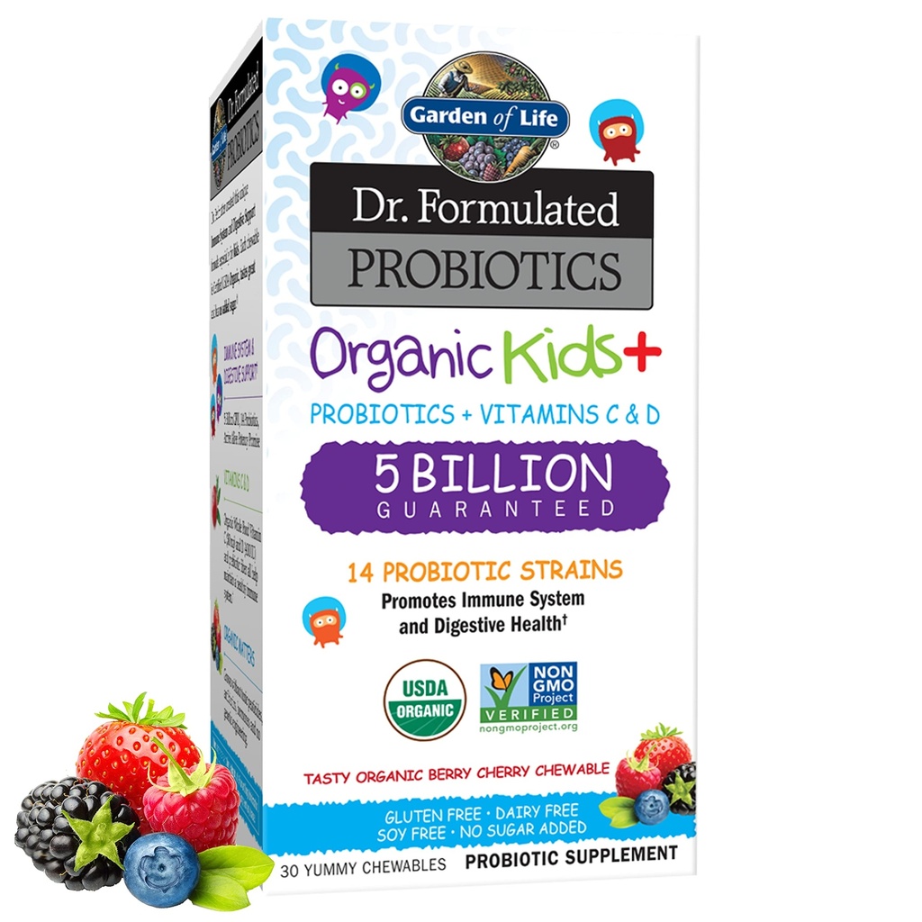 Garden of Life Kids Probiotics, Dr Formulerad Probiotika Organic Kids+ Vitamin C & D, Berry Cherry, Gluten Dairy & Soy Free Immune & Digestive Health Supplement, 30 Chewables