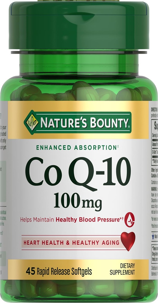 Nature's Bounty CoQ10 100mg for Heart Health Support, non-GMO Q-Sorb Coenzyme Q-10 Antioksidantti tuki ja kardiovaskulaarinen hyvinvointi, ravintolisä, nopea julkaisu Softgels, 45 t