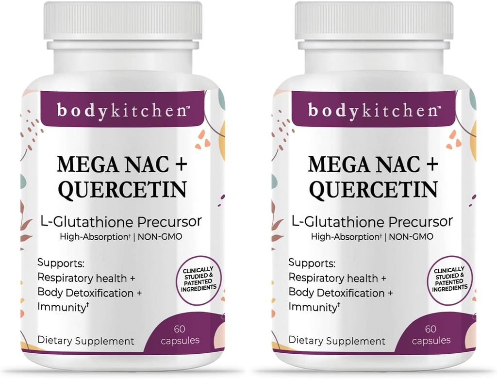 Body Kitchen Mega NAC (N-Acetyl Cysteine) 600 mg kanssa Quercetin, tukee hengitysten terveyttä ja immuuni toimintaa ja edistää maksan ja munuaisten detox, kasvismapit, (Pakkaus 2)