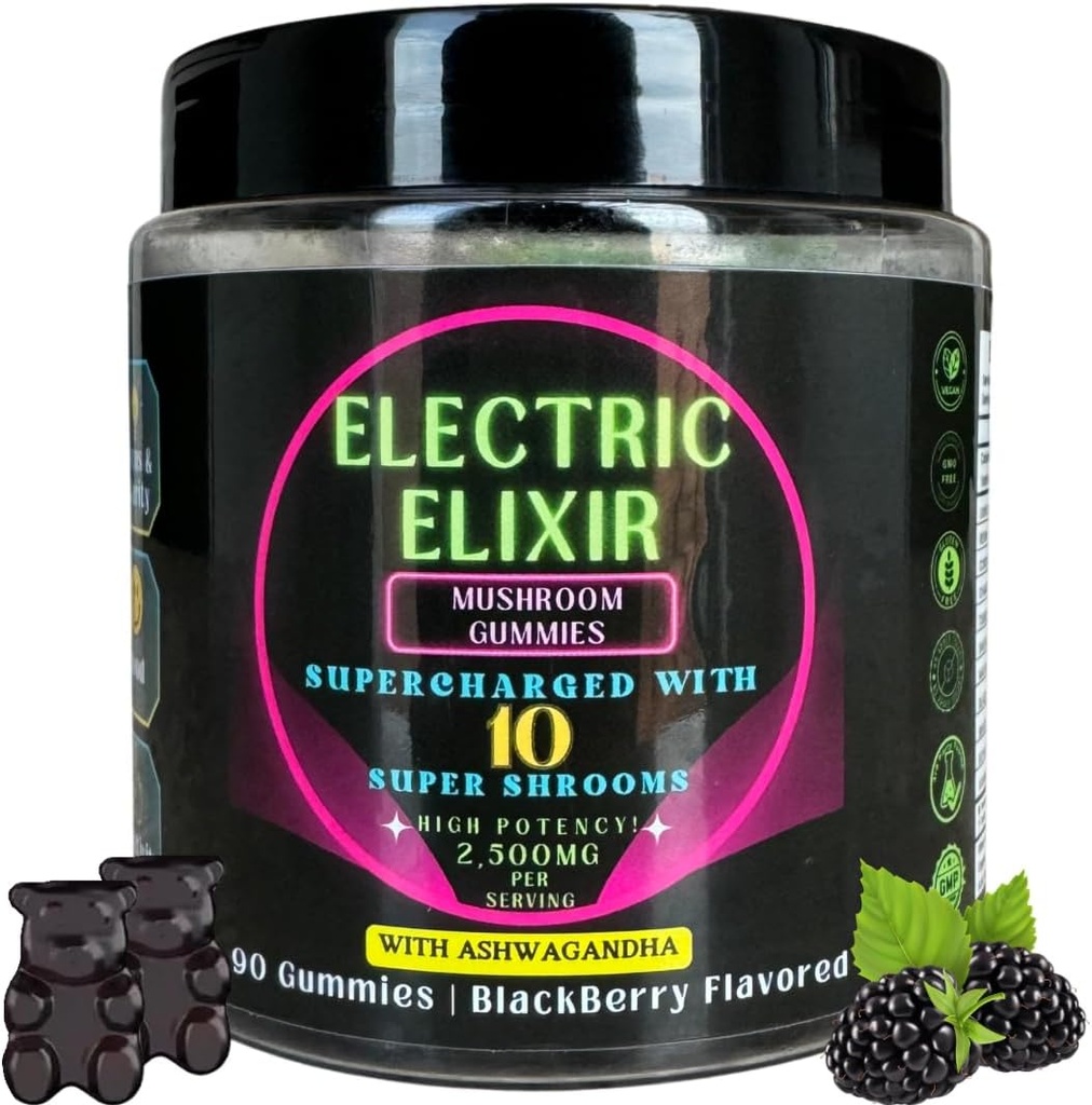 Lion's Mane & Ashwagandha Supplement Mushroom Gummies - Organic, Vegan, Nootropic, GlutenFree - Comprehensive Supplement för hjärnfokus, energi, humör och uthållighet - 10 Mushroom Blend 90Count BlackBerry