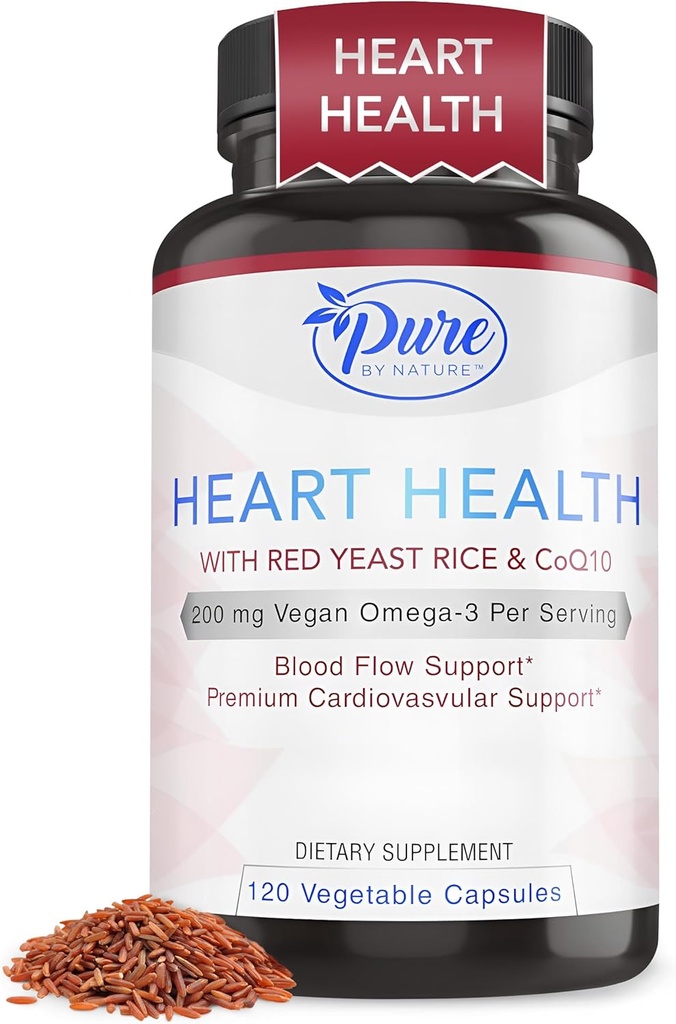 Puhdas luonnossa Punainen riisi CoQ10 täydentää miehille ja naisille, 200 mg Vegan Omega 3 per tarjoilu, Gluteeniton ei-GMO, 120 kapselia