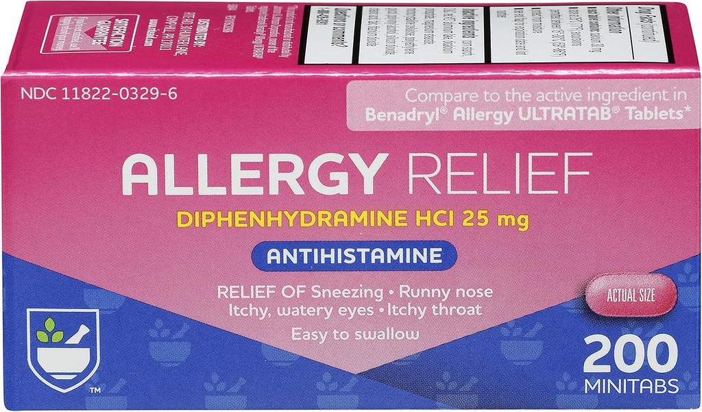 Rite Aid Antihistamin Allergy Relief med Diphenhydramine | Allergy Medicine | Easy-to-Swallow Small Tablet Size Allergy Relief | Common Cold & Respiratory Allergy Medication (200 greve)