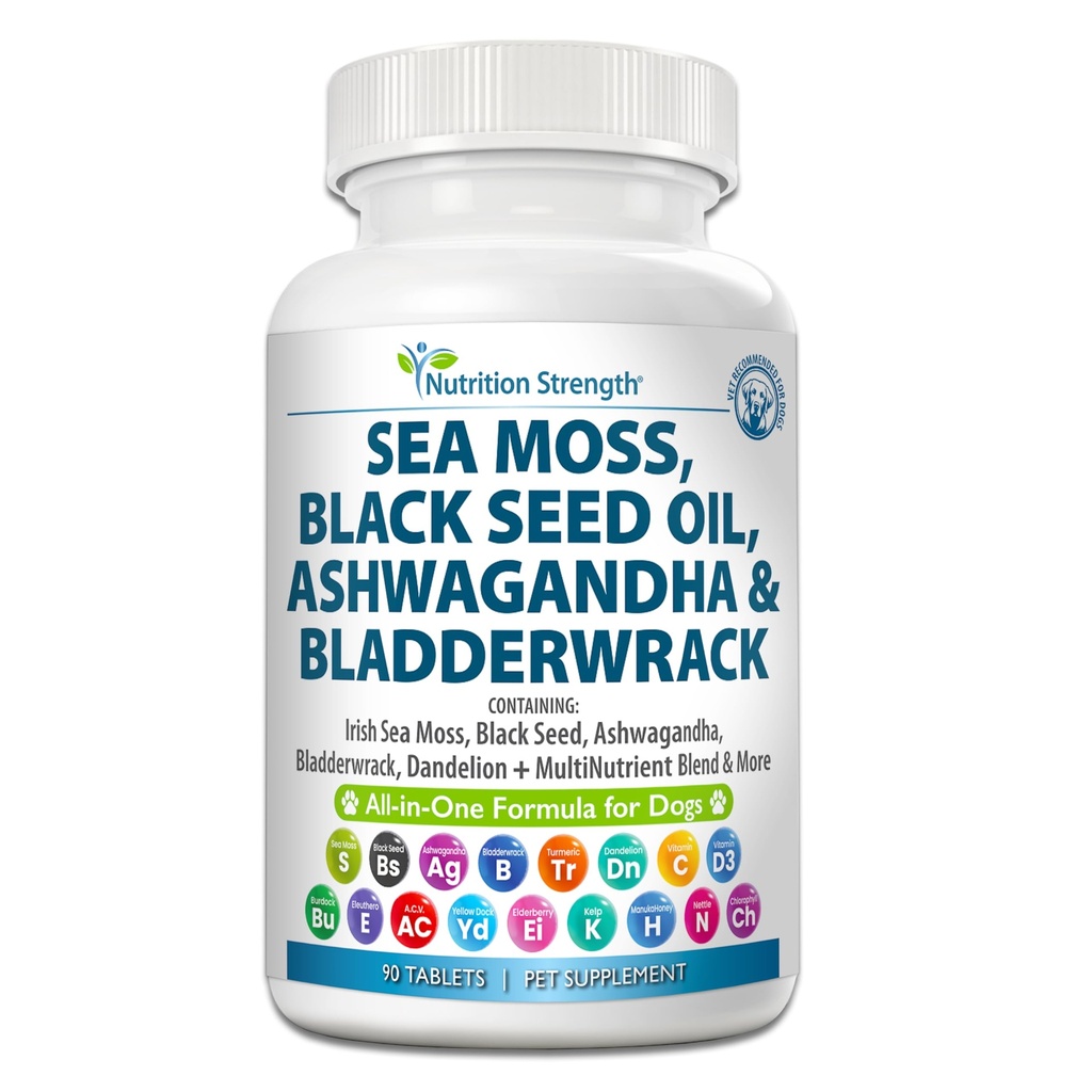 Sea Moss koirille 750mg Musta siemenöljy 500mg Ashwagandha 250mg Turmeric 250mg ranneke 250 mg Voikukka 250 mg & C-vitamiini D3 kanssa Elderberry Manuka Keltainen kansi 90 tablettia