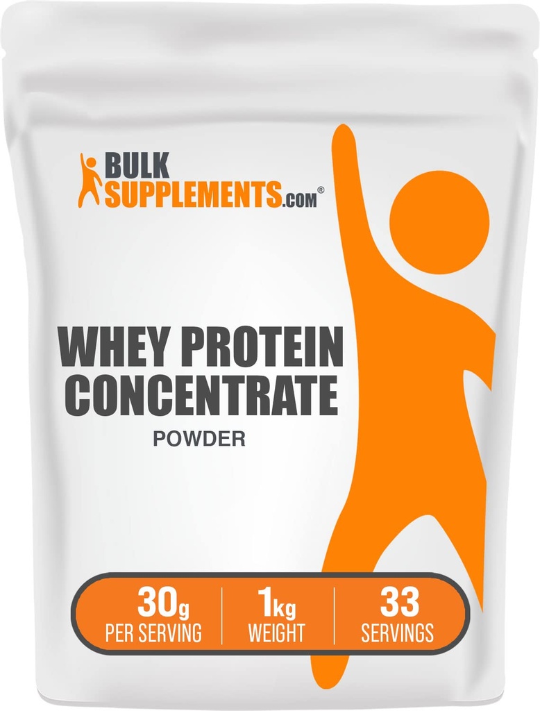 BulkSupplements.com Whey Protein Concentrate Powder - Whey Protein Powder Supplement, Unsweetened, Unflavored & Gluten Free, 30g per Servering, 1kg (2,2 lbs) (Pack av 1)