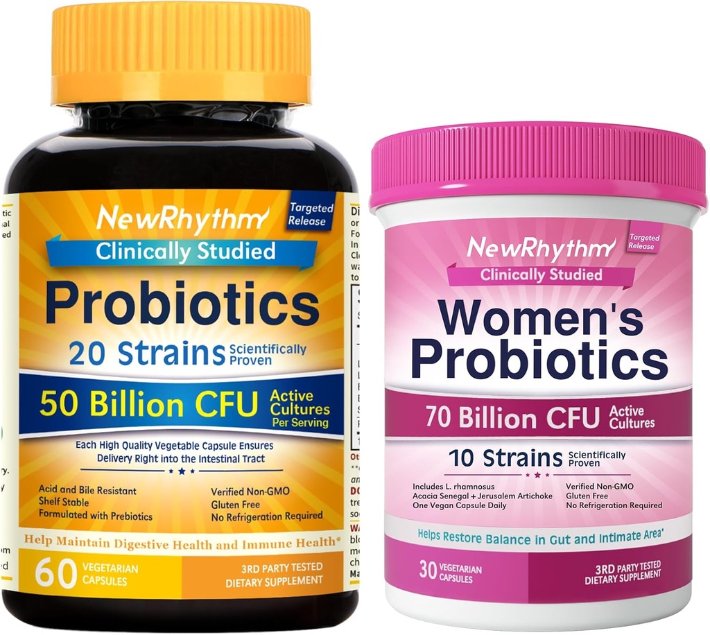 NewRhythm Gut & Feminine Health Bundle, Probiootit 50 miljardia PMY & Naisten Probiootit 70 miljardia PMY, Daily Gut Health & Feminine Care, 90 kapselia Yhteensä (paketti 2)