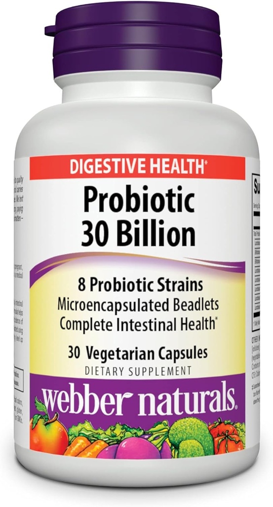 Webber Naturals Probiootit, High Potency, 30 miljardia PMY, miesten, naisten ja aikuisten, Hyllytabletti (ei jäähdytystä), 8 Probiootti kanta, 30 kasvisruokaa kapselit, Ruoansulatuskanavan hoitoon