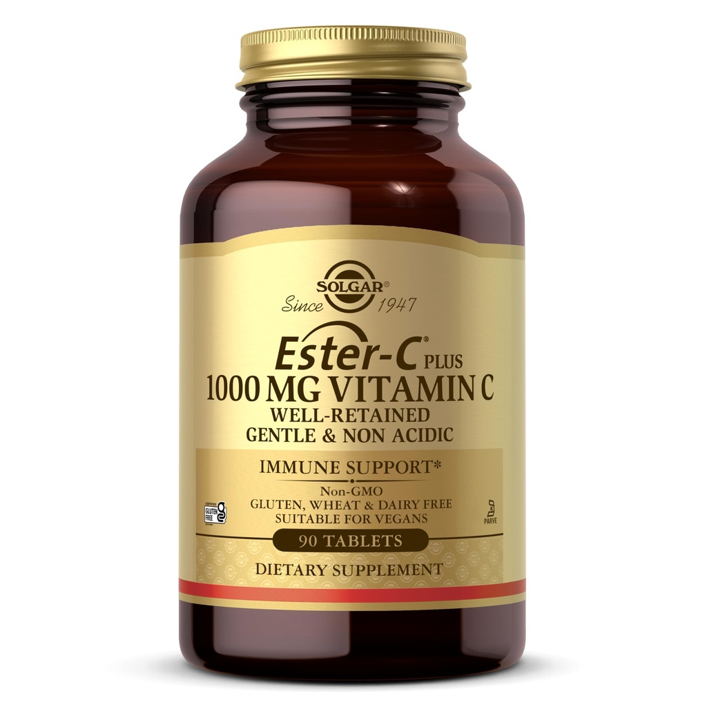 Solgar Ester- C Plus 1000 mg C-vitamiini (Ascorbete Complex), 90 tablettia - Hellävarainen vatsassa ja ei-hapetettu - antioksidanttien ja immuunijärjestelmän tuki - ei GMO, vegaaninen, gluteeniton, Kosher - 90 tarjoilua