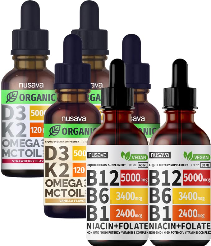 NUSAVA-vitamiini B12 nestepisarat Bundle, mansikan makuinen D3 K2, & vaniljan makuinen D3 K2 - Potent Liquid Vitamiinit sydämen, energian, aivojen ja immuunien tuki - ei-GMO, Gluteenittomat, 2pk