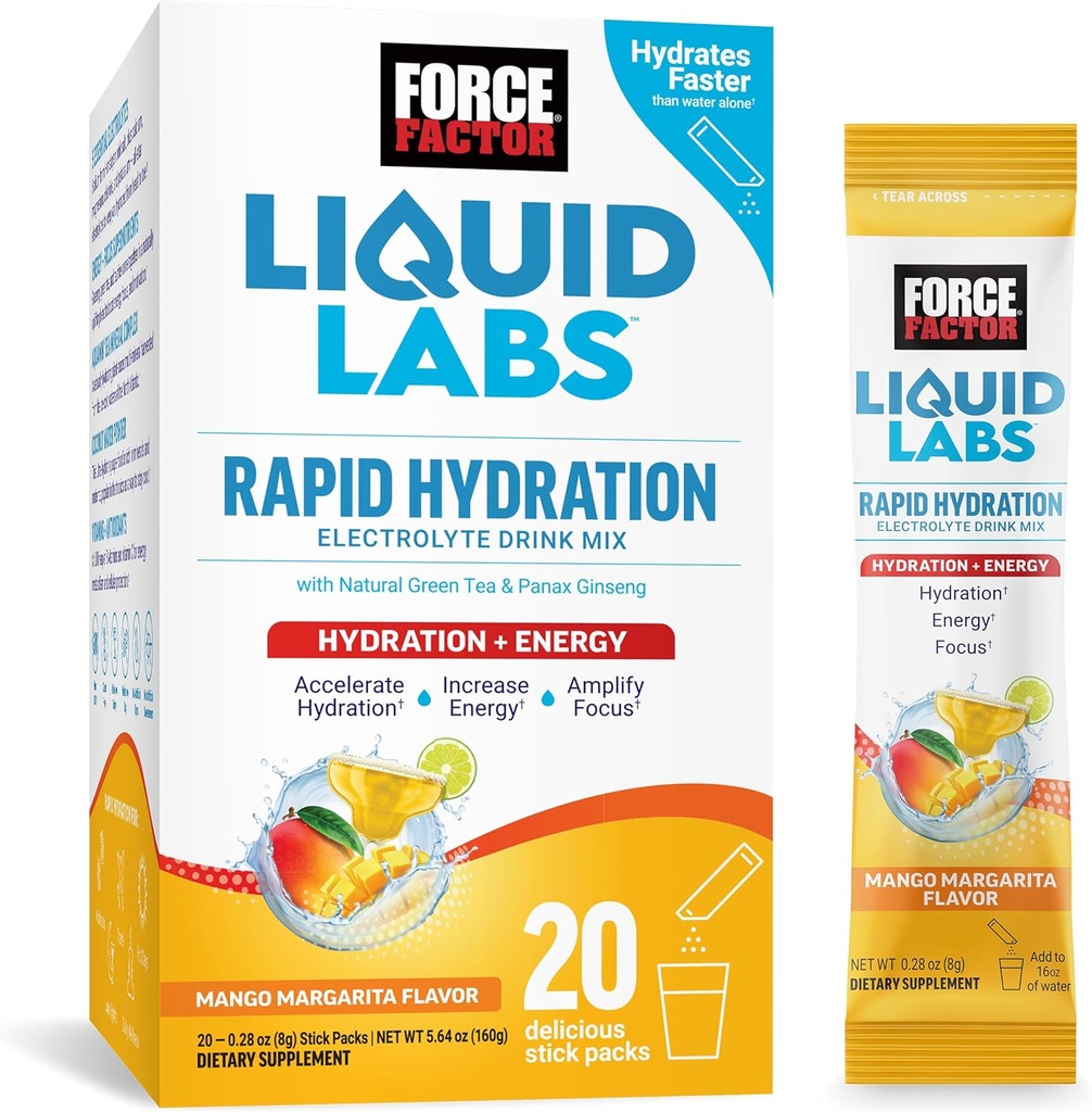 Force Factor Liquid Labs Electrolytes Powder Packets.Mango Margarita...Energy Hydration Packets to make Electrolyte Water with 5 Essential Electrolytes, Vitamiinit, Minerals & Antioxidants, 20 Stick Packs
