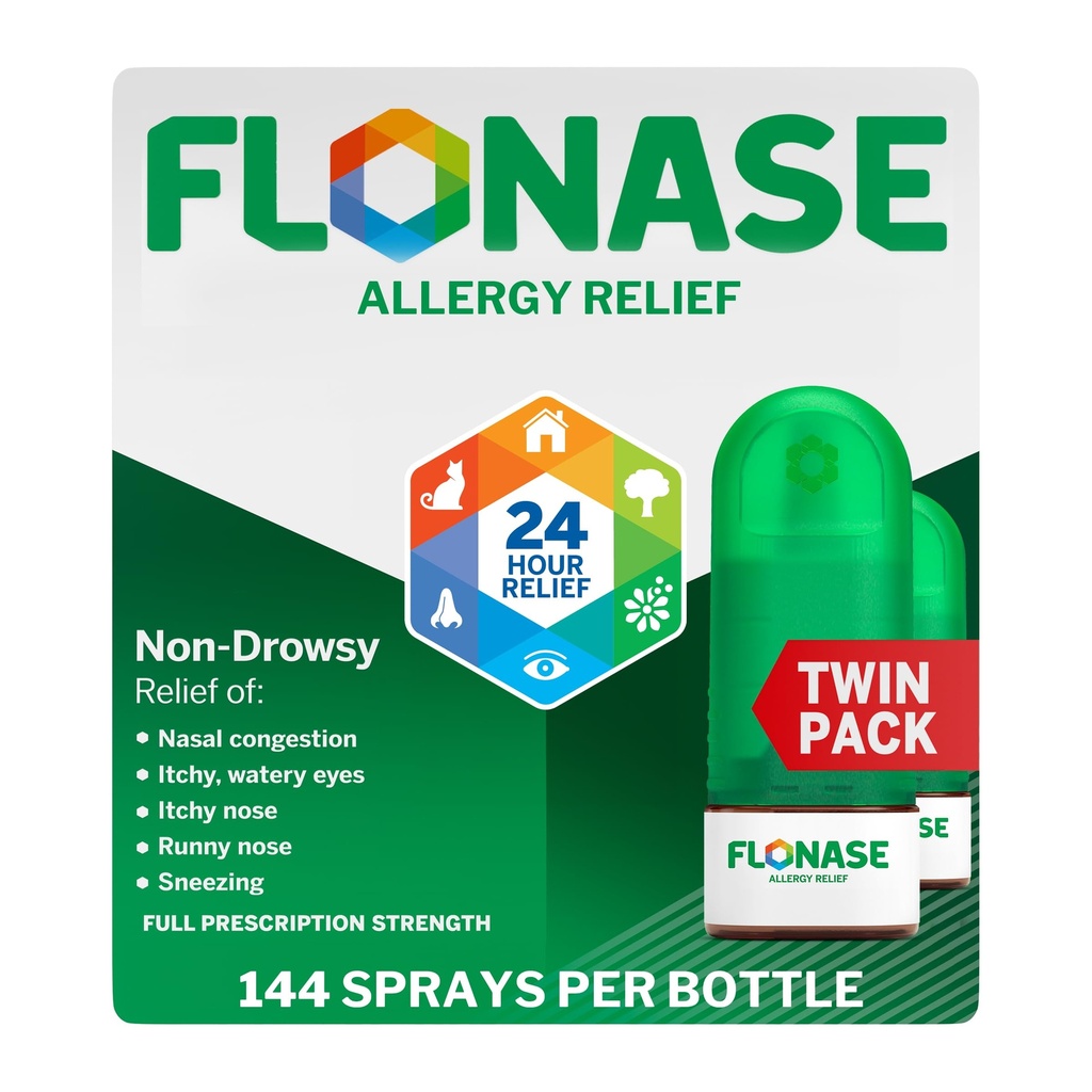 Flonase Allergia Relief Nasal Spray, 24 tuntia Non Drowsy Allergia Lääketiede, Metred Nasal Spray - 144 Spray (Pack of 2) - Fall and Seasonal Allergia Relief