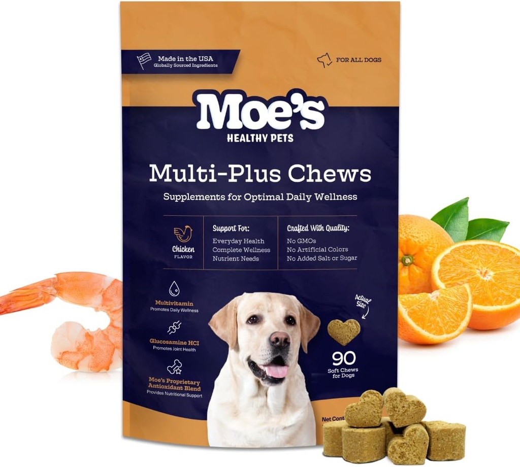 Moes 5-i-1 Essential Dog Multivitamin 90 Chicken smaksatta Chews för hundens immunsupport, hjärta, hud, rock och övergripande hälsa-vitaminer A, B12, C, D, E, Antioxidanter, Omega 3 för alla åldrar och raser