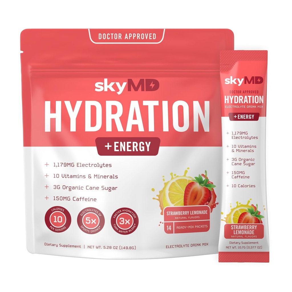 SkyMD Hydration + Energy ... Electrolyyttejä Powder Packetit Alhainen sokeri, Natrium, 10 kaloria ... 10 vitamiinia ja kivennäisaineita... 150g kofeiinia tarkennukseen ja suorituskykyyn...