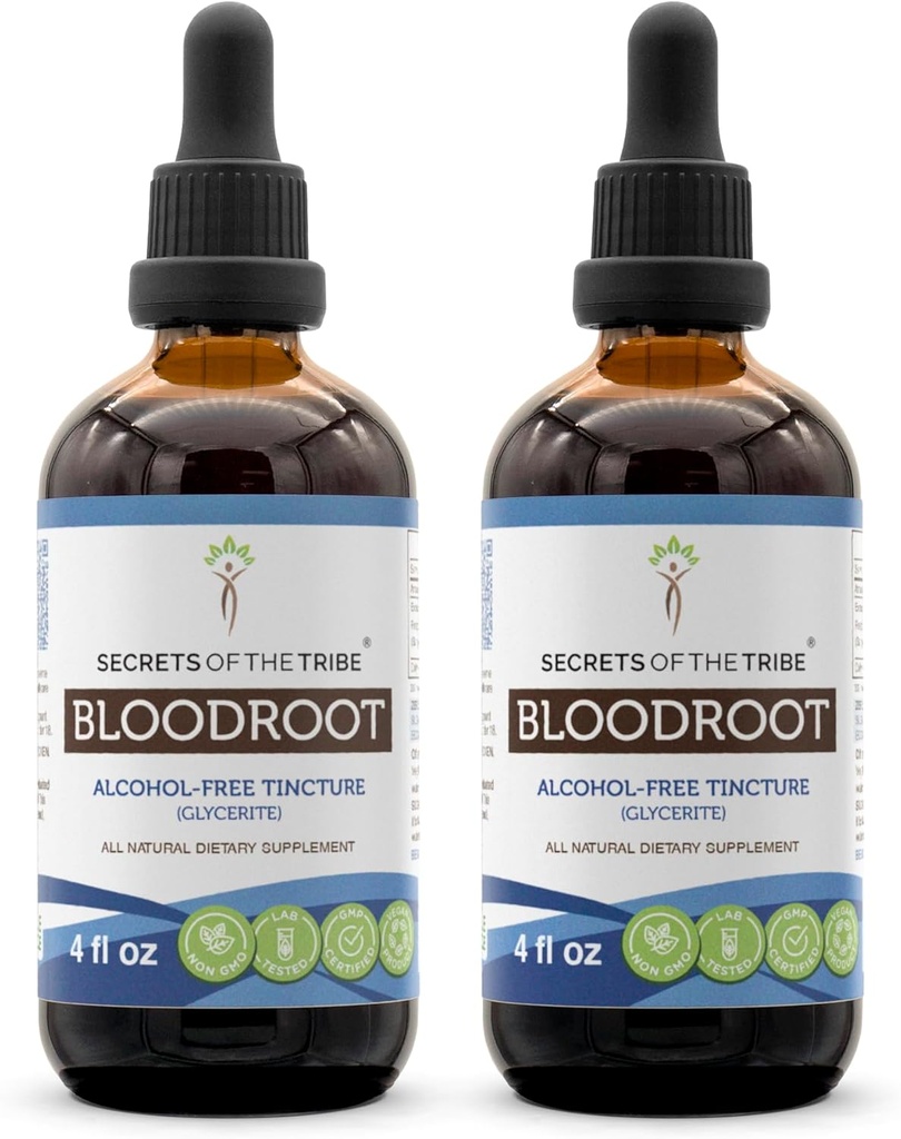 Secrets of the Tribe Bloodroot Alcohol-Free Tincture Extract, Ansvarsfullt odlad Bloodroot (Sanguinaria Canadensis) Torkade Root (2x4 fl oz)