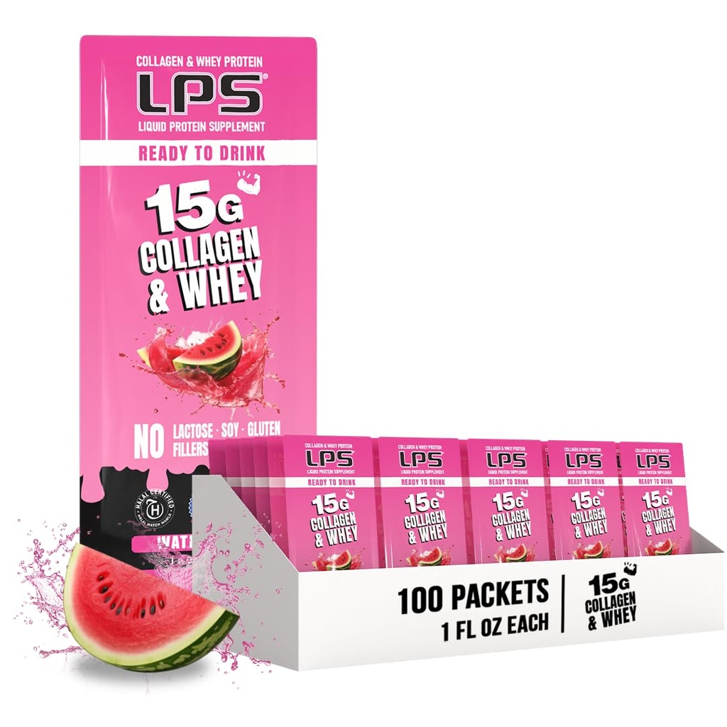 Nutritional Designs LPS Liquid Collagen & Whey Protein Supplement - non-GMO Drink, Sugar-free - edistää terve iho ja hiukset miehille ja naisille, vesimeloni, Single Serve (100 Packets)