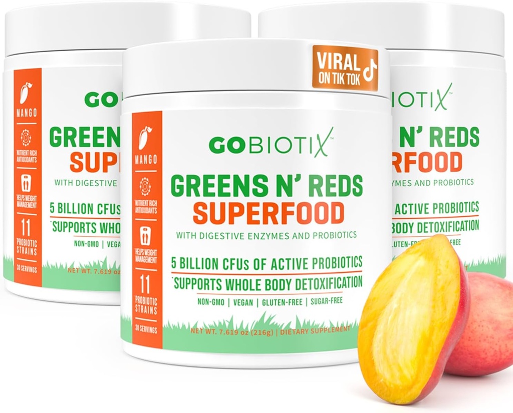 GOBIOTIX Super Greens and Reds Powder - Punainen ja vihreä Superfood - Probiootti täydentää - Ruoansulatuskanavan Entsyymit ja Beet Root Powder - Organic Whole Foods Ravintolisä (Mango, 3 pakkaus)