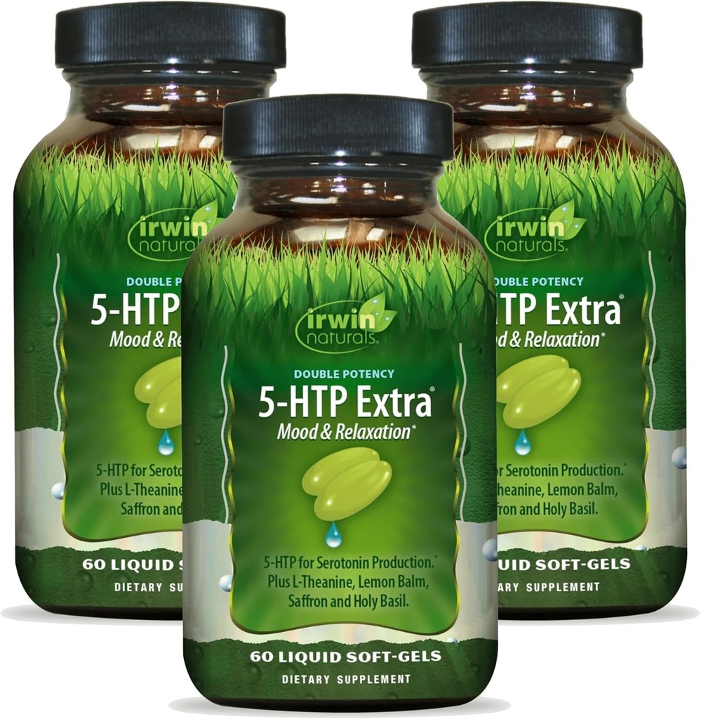 Irwin Naturals Double Potency 5-HTP Extra - 60 Liquid Soft-Gels, Pack of 3 - för Relaxation & Serotonin Production - 90 Totala portioner