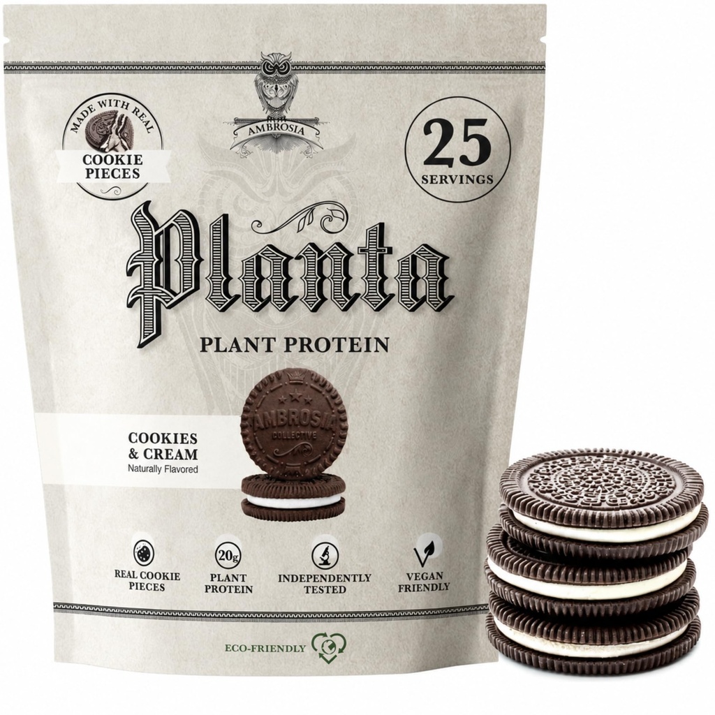 Ambrosia Planta - Premium Plant-Based Protein | Vegan & Keto Friendly | Gourmet smaker utan uppblåsthet eller mage upprörd | Gluten & Soy gratis | No Added Sugar | 25 portioner | Cookies Cream