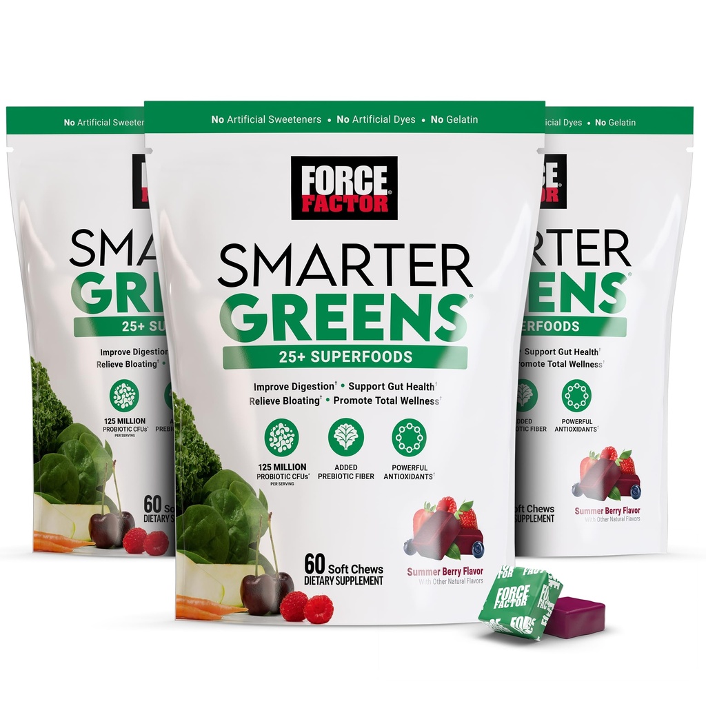 FORCE FACTOR Smartter Greens Superfood Chews, 3-Pack, Greens ja Superfoods Probiootit, Antioksidantteja ja kuitua, Greens täydentää tukea digestio, typpioksidi, ja energia, 180 Chews