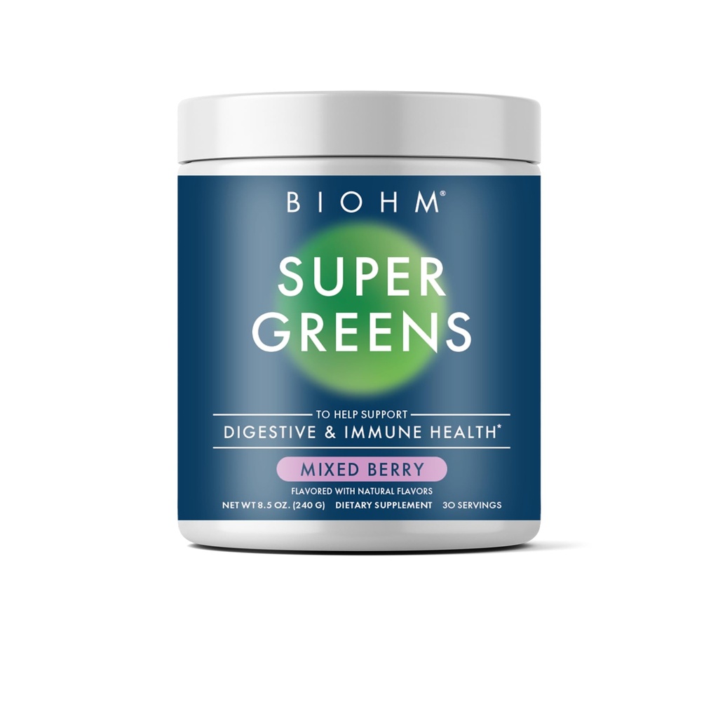 BIOHM Super Greens, Green Superfood Powder (8,5 Oz, 30 Servings) Antioksidantti Kasvisjauhe & Smoothie Mix, 34 Superfoods & Spirulana, Dgestive Enzymes, Prebiootit ja Probiootit, sekoitettu Berry Flavor