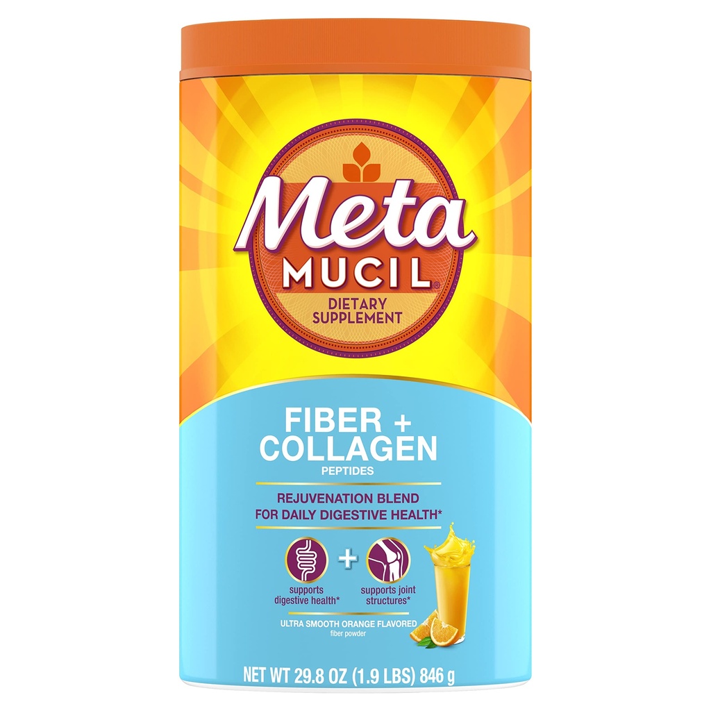 Metamucil Daily Fiber + Collagen, Psyllium Husk Powder, kasvikuitua täydentää, sokerivapaa Stevia, 3-in-1 kuitua Supplement for Dgestive Health, Orange Flavored, 90 annosta