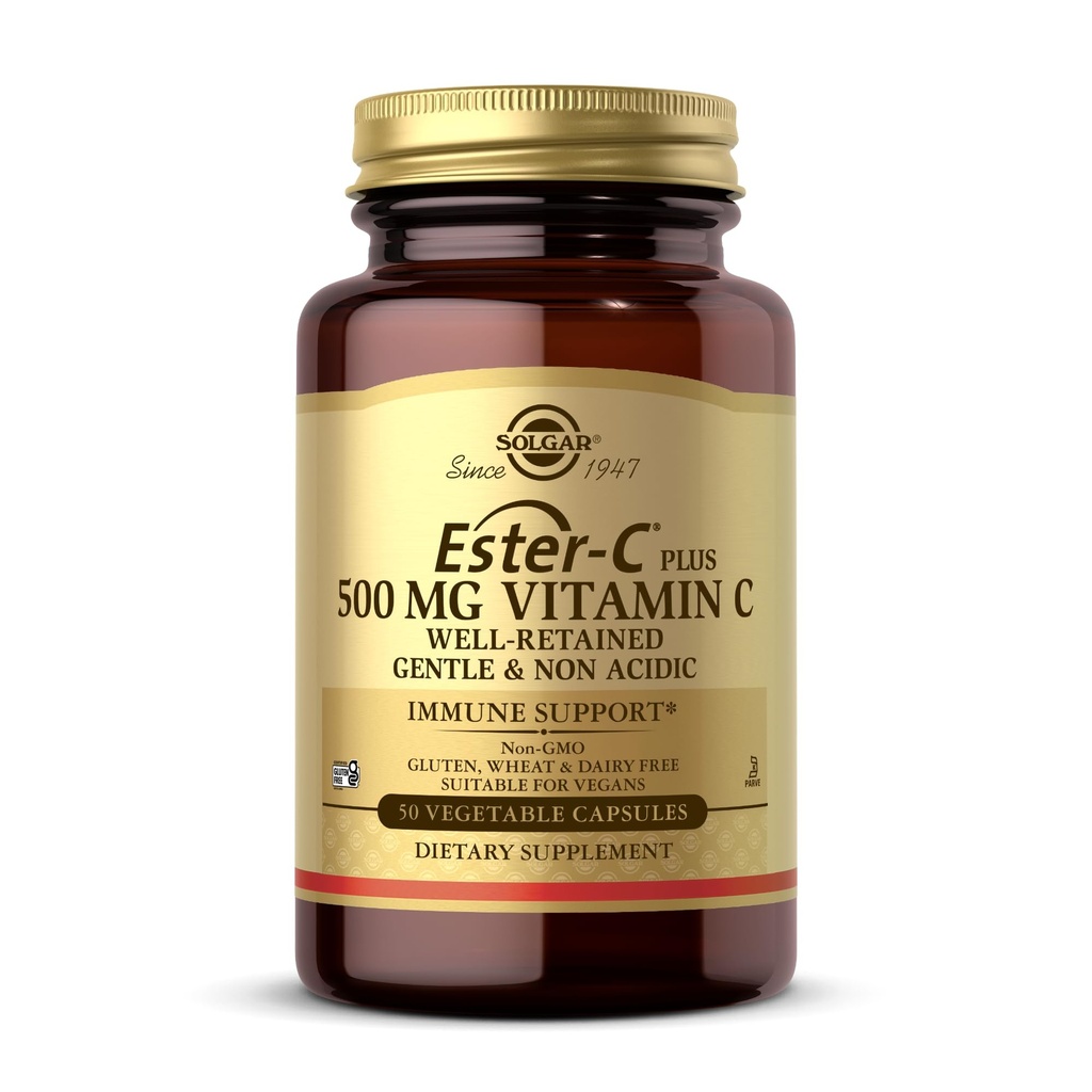 Solgar Ester-C Plus 500 mg C-vitamiini (Asorbaattikompleksi) - 50 kasvikapselia - hellävarainen ja ei-happama - antioksidantti- ja immuunituki - ei-muuntogeenisiä organismeja, vegaaneja, gluteeniton, Kosher - 50 tarjoilua
