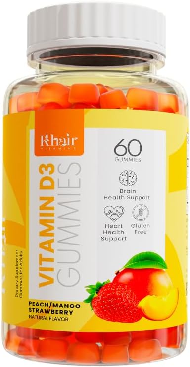 Khair Halal D3-vitamiinia Gummies for Bone & Muscle Support - ei-muuntogeenisiä organismeja, gluteenia ja liivatetta, kasvissyöjä, Halal-sertifioitu, luonnon mango, persikka ja mansikka makuja - 60 Gummies