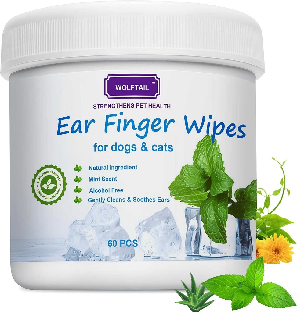 Dog Ear Wipes för hundar och katter, 60 greve stor storlek - Ta bort öronvax, skräp - Sooths & Deodorizes - Relieve Ear Itching & Inflammation, Fresh Coconut Scent