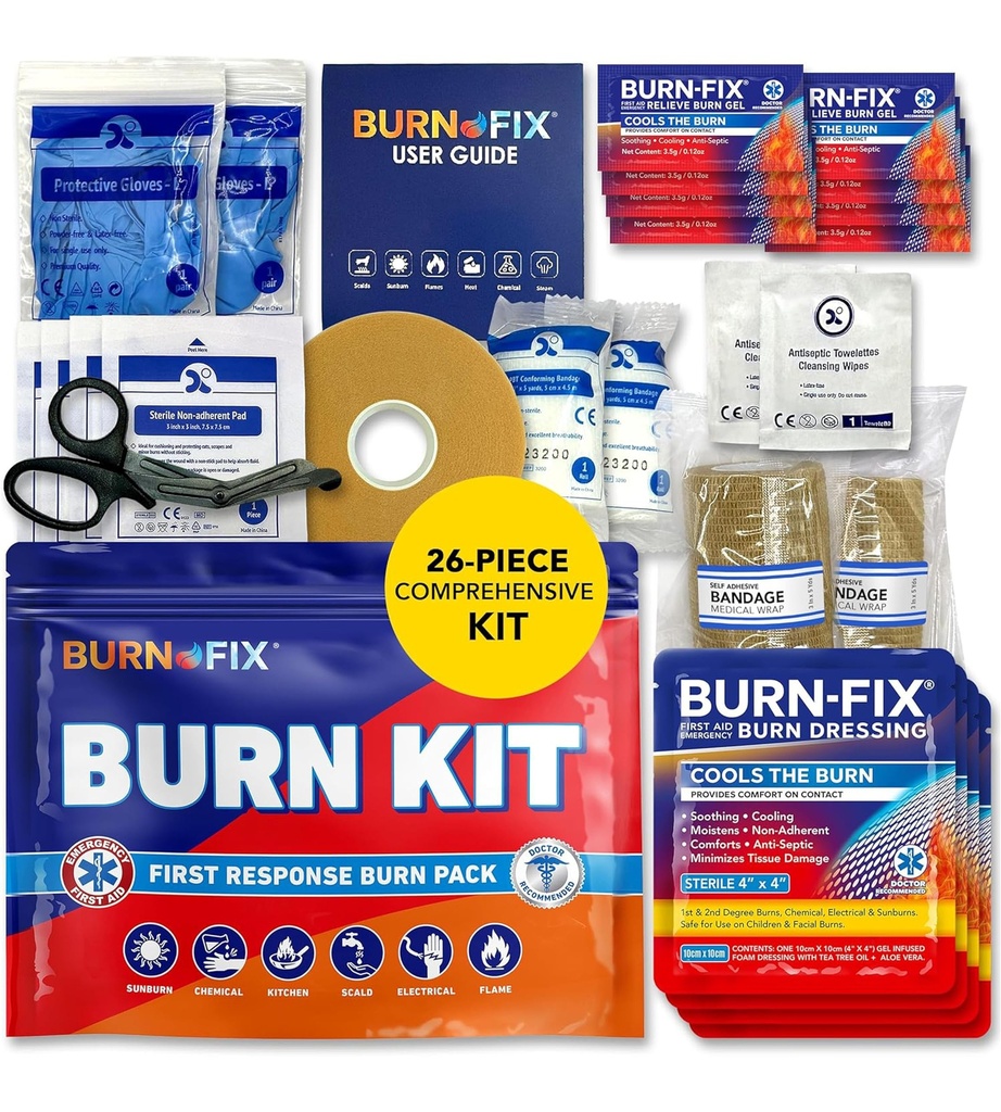 BurnFix® Burn Kit First Aid för Burns Emergency - 26-Piece Burn Behandling med kylning Gel, klänningar och handskar - Kök, Sunburn, Chemical & Scald Relief - Hem, Office, Resor