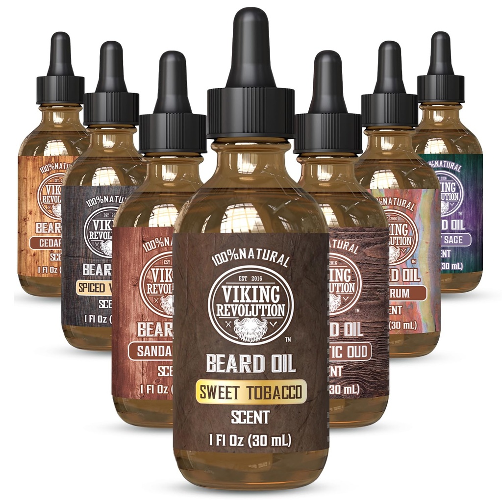 Viking Revolution Sweet Tobacco Beard Oil for Men - Natural Miesten Partaöljy Argan Oil and Jojoba Oil - Parta Pehmentäjä, vahvistaa ja kosteuttaa - Parta hoitoaine miesten (Sweet Tobacco,1Pack)