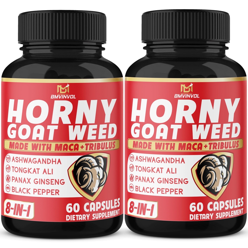BMVINVOL (2 pakkausta) Kiimainen Goat Weed Kapselit Maca, Tribulus, Ginseng. Ashwagandha, Tongkat Ali - 8-in-1 tukienergiatasoille