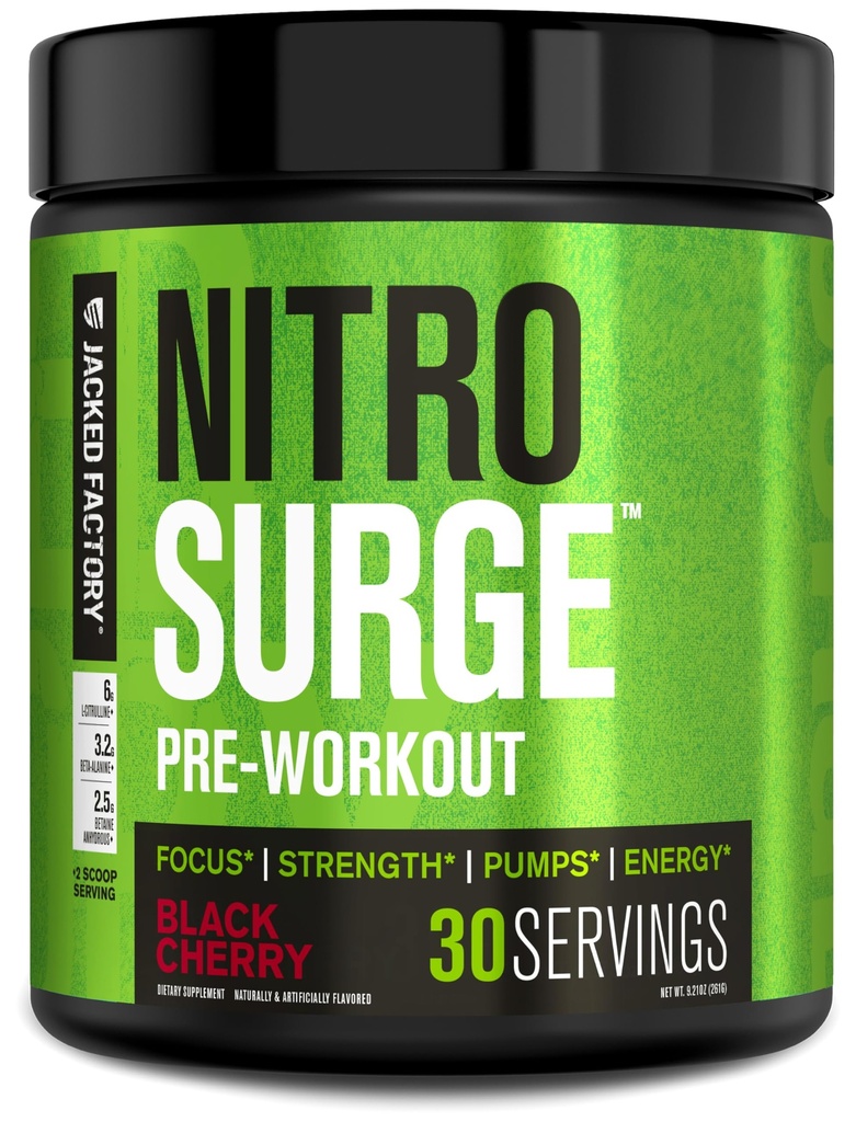 Jacked Factory NITROSURGE Pre harjoitus täydentää - loputon energia, pikavoimaa voitot, selkeä Focus ja Intense Pumps - NO Booster & Tehokas Preworkout Energy Powder - 30 tarjoiluja, musta kirsikka