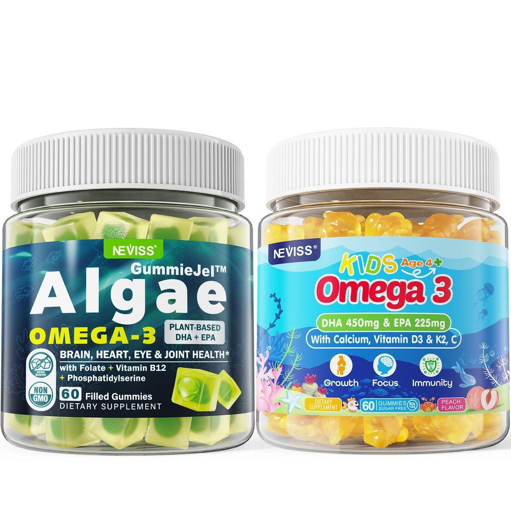 Vegan Omega 3 Gummies 1 pakkaus + sokeriton Omega 3 Gummies lapsille 2 pakkaus