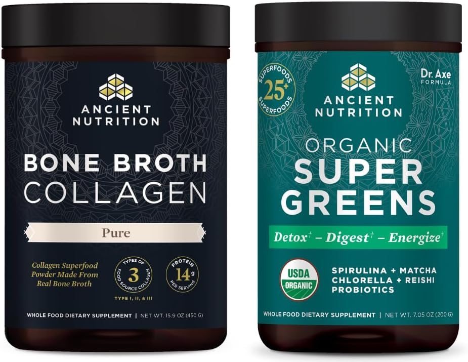 Ancient Nutrition Bone Broth Collagen Powder, Pure, 30 Servings + Organic Supergreens Powder, Greens Flavor, 25 Tarjoilut