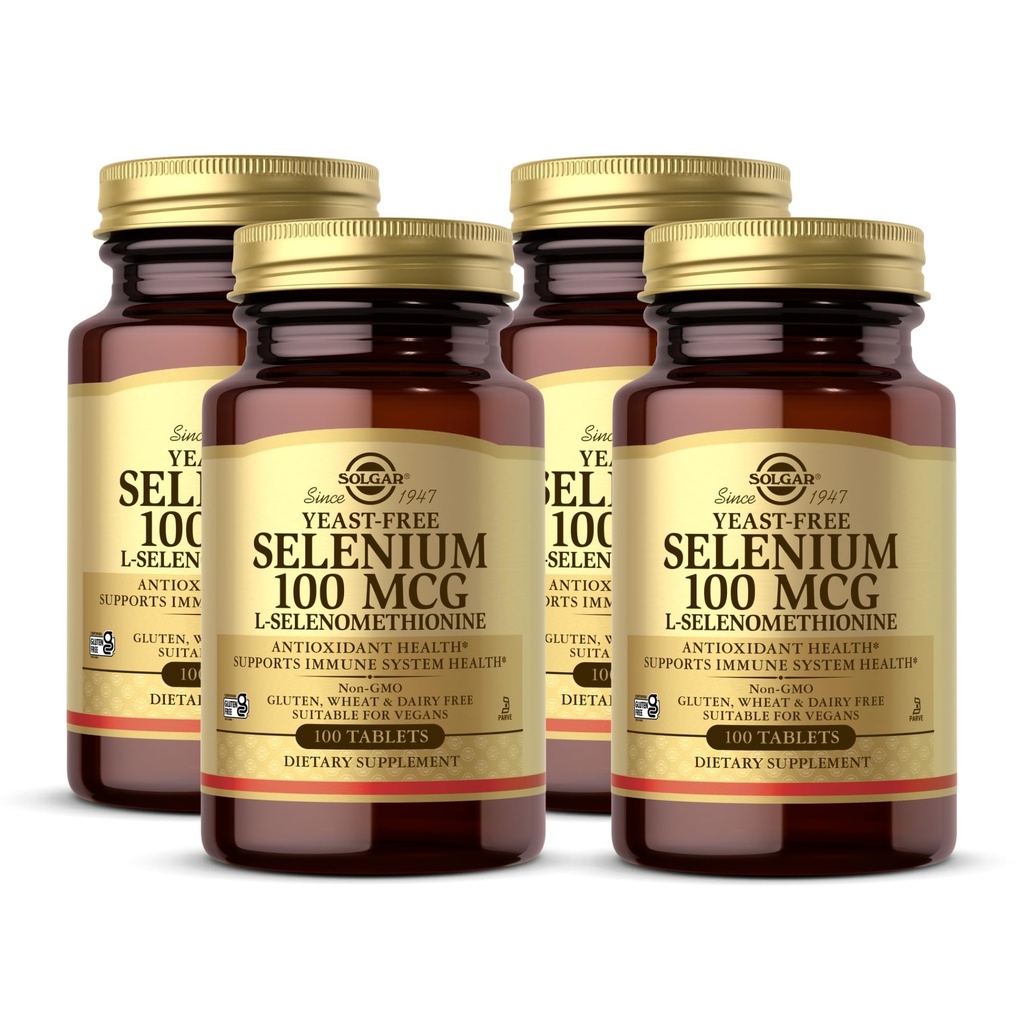 Solgar Jeast-free Selenium 100 mikrog - 100 tablettia, pakkaus 4 - Tukee antioksidanttien ja immuunijärjestelmän terveyttä - ei-GMO, Gluteeniton, Dairy Free, Kosher - 400 yhteensä