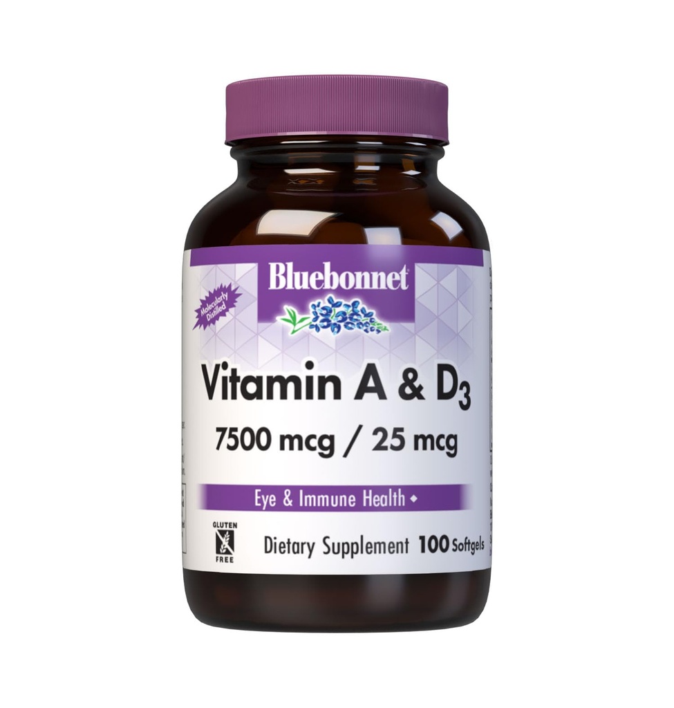 Bluebonnet Nutrition Vitamin A & D3 25 000 IE/1 000 IE från Deep Sea, Cold Water, Fish Oil - For Eye Health & Immune Function* - Gluten Free - Dairy Free - Molecularly Distilled - 100 Softgel/Servings